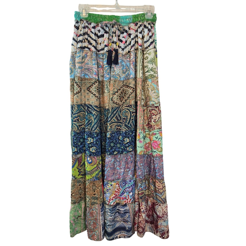 White Waves Patchwork Maxi Skirt Womens Free Size Multicolor Boho Silk Blend New